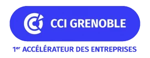 Logo de la chambre de commerce et d'industrie (CCI) de Grenoble, 1er accélérateur des entreprises, adhérente du GETH, version bleu et blanc
